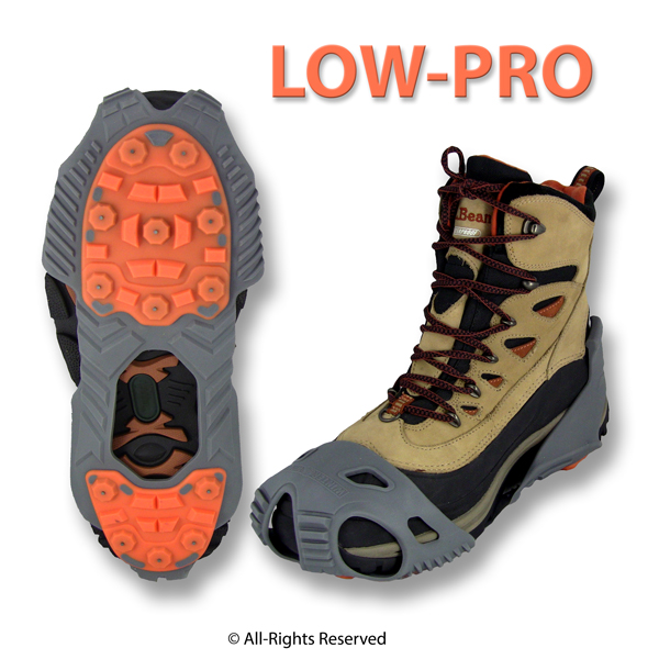 Winter Walking LOW-PRO Ice Cleats JD6610 on winter boots showing top and bottom views.
