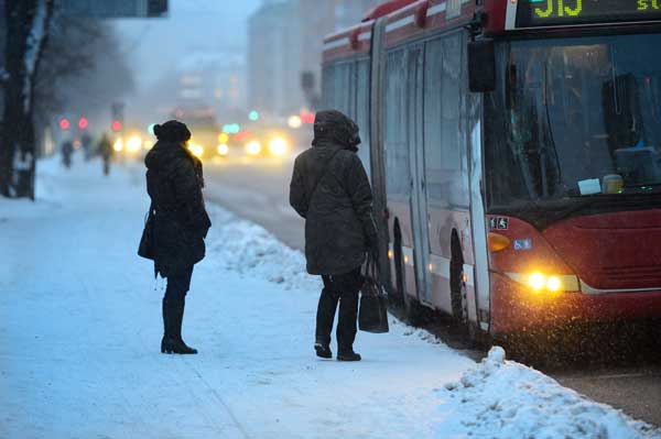 Bus in City in Winter