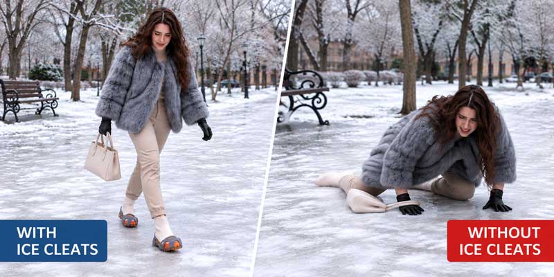 Left: a woman walking safely on ice wearing ice cleats. Right: the same woman fallen on the ice without them.